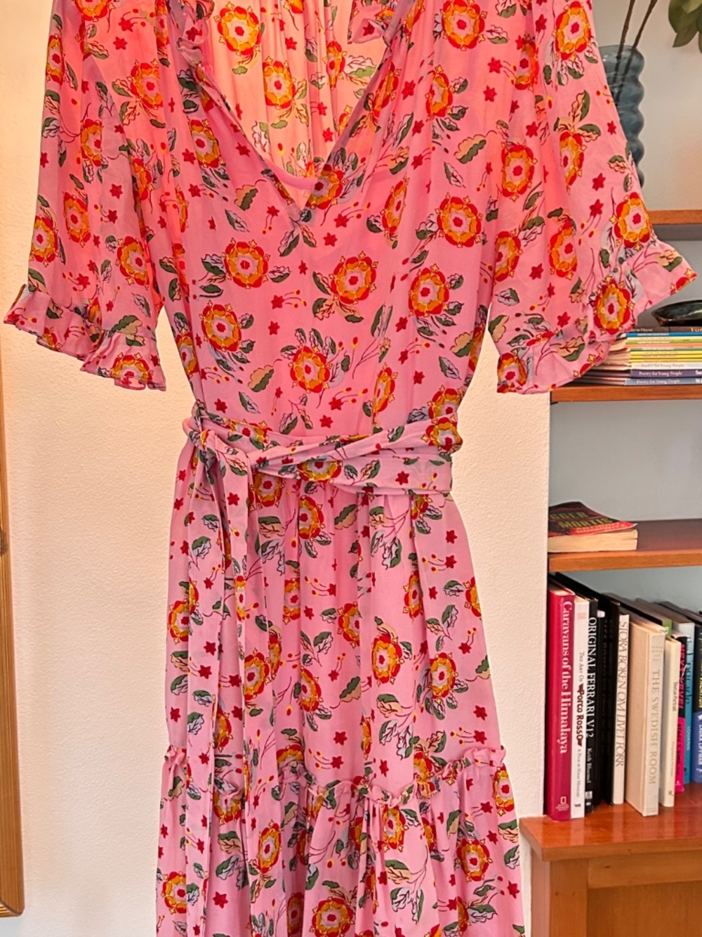 Rungolee Melodie Pink Floral 100% Silk Ruffle Dress Size Medium